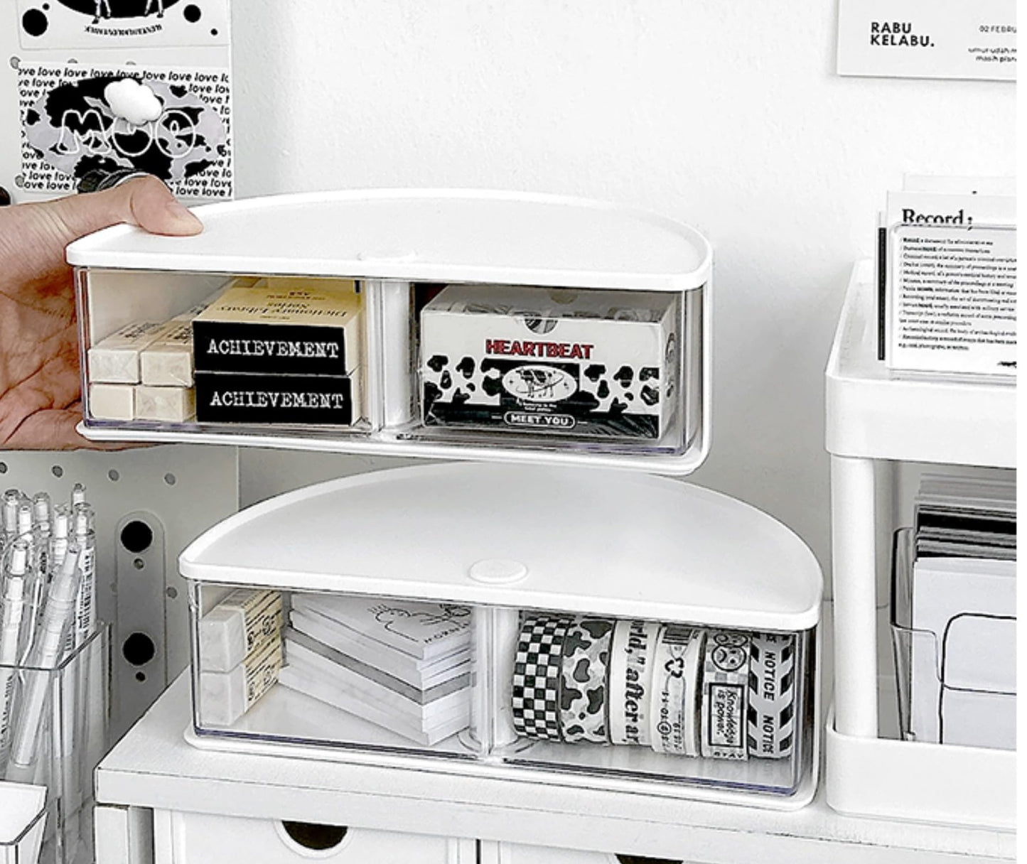 House of Quirk Cosmetics Desk Organiser With Drawer, Multifunctional Desk Organizer, Office Organizer, 4 Plastic Compartments With Drawer, Storage Shelf For Office, School (White)