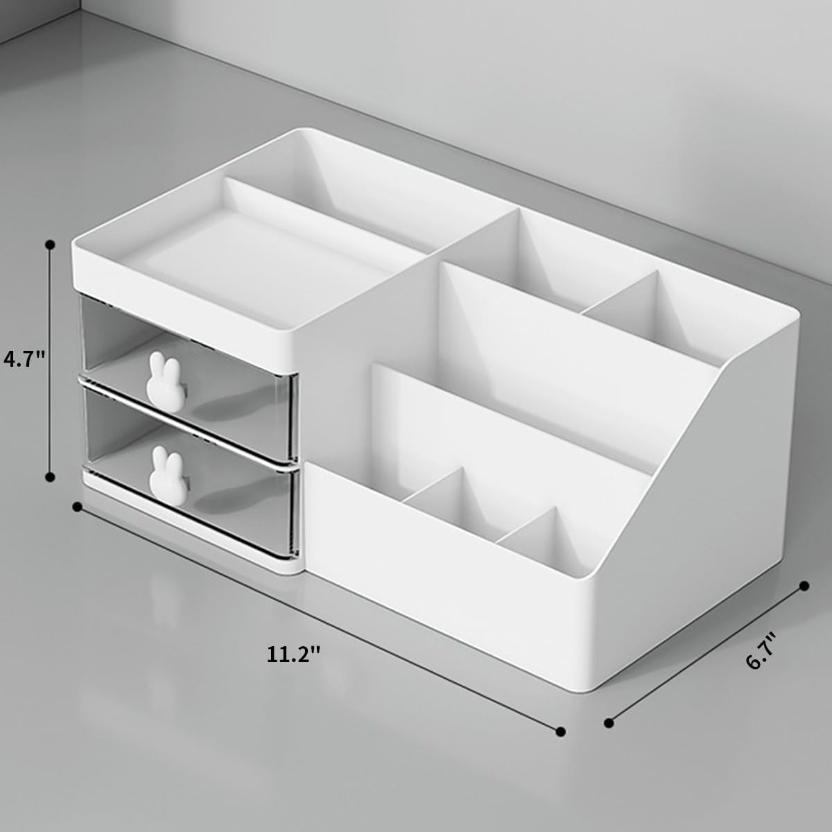 House of Quirk Cosmetics Desk Organiser With Drawer, Multifunctional Desk Organizer, Office Organizer, 4 Plastic Compartments With Drawer, Storage Shelf For Office, School (White)
