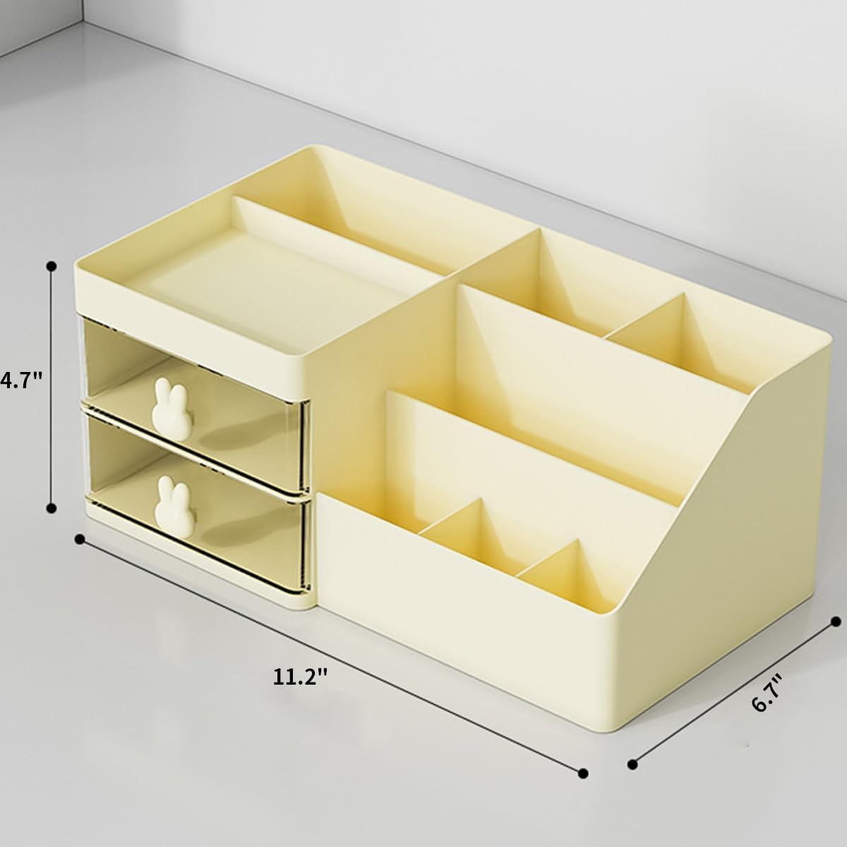 House of Quirk Cosmetics Desk Organiser With Drawer, Multifunctional Desk Organizer, Office Organizer, 4 Plastic Compartments With Drawer, Storage Shelf For Office, School (White)