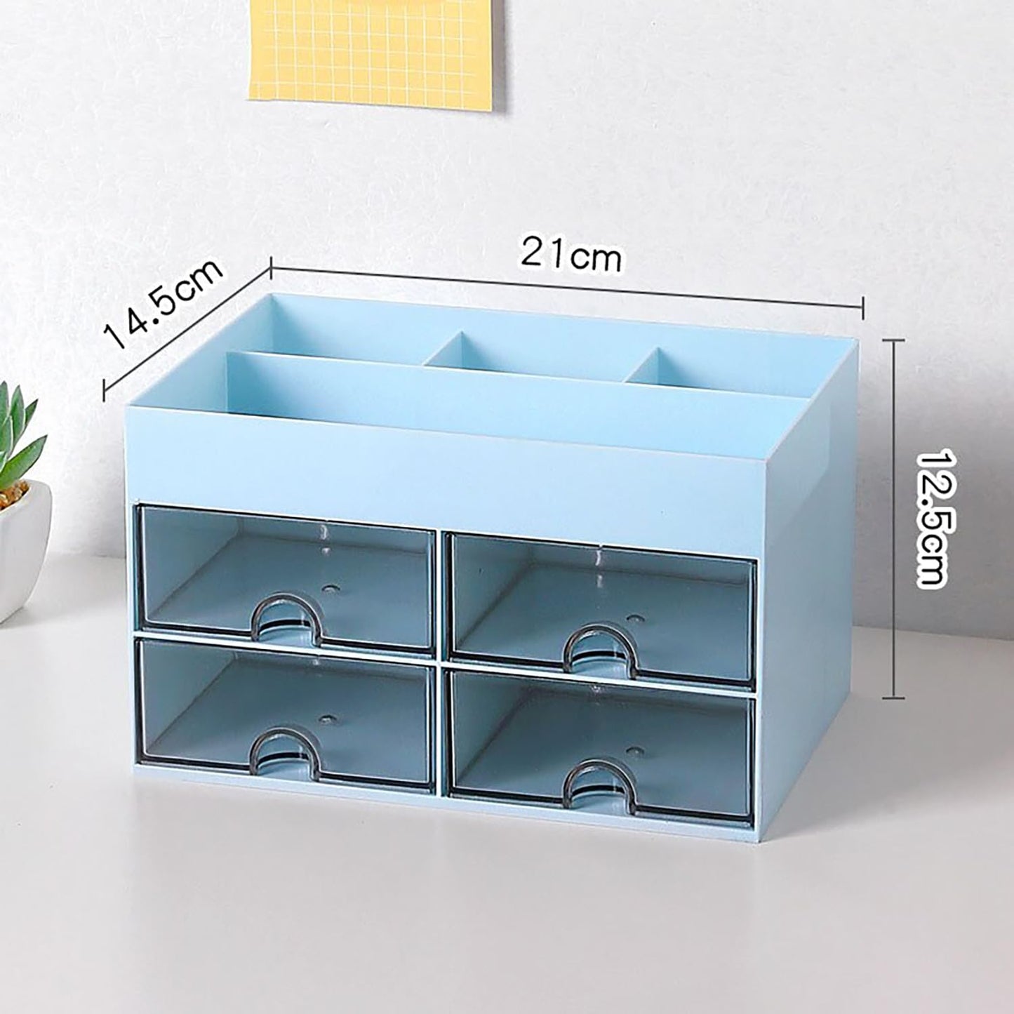 House of Quirk Cosmetics Desk Organiser With Drawer, Multifunctional Desk Organizer, Office Organizer, 4 Plastic Compartments With Drawer, Storage Shelf For Office, School (White)