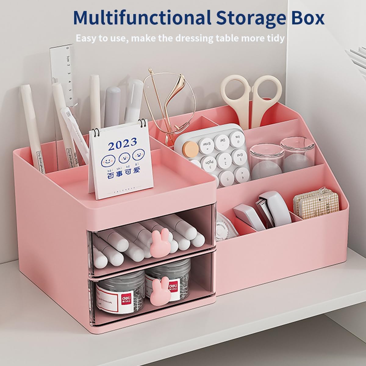 House of Quirk Cosmetics Desk Organiser With Drawer, Multifunctional Desk Organizer, Office Organizer, 4 Plastic Compartments With Drawer, Storage Shelf For Office, School (White)