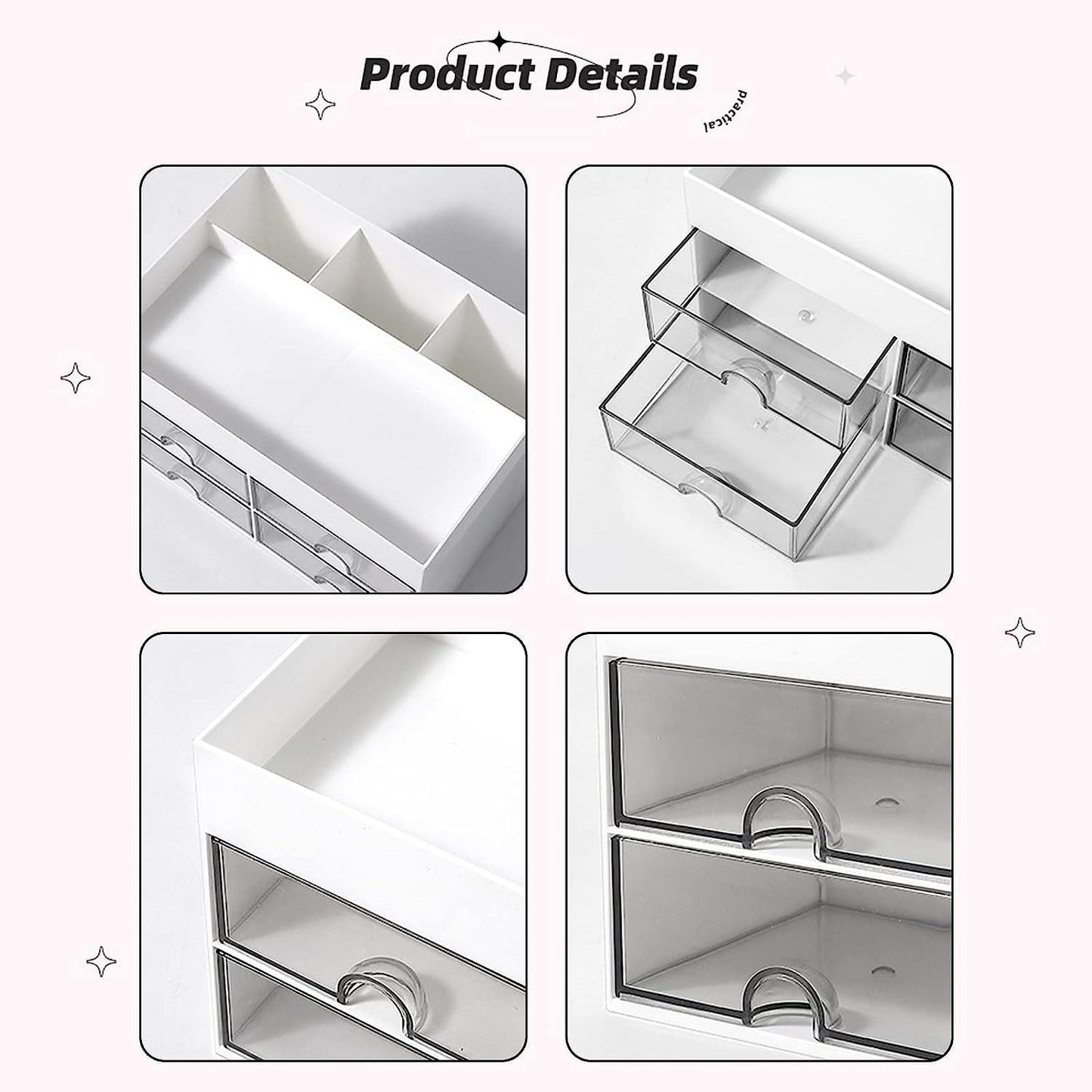 House of Quirk Cosmetics Desk Organiser With Drawer, Multifunctional Desk Organizer, Office Organizer, 4 Plastic Compartments With Drawer, Storage Shelf For Office, School (White)