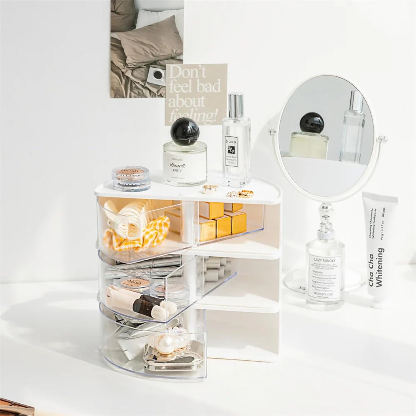 House of Quirk Cosmetics Desk Organiser With Drawer, Multifunctional Desk Organizer, Office Organizer, 4 Plastic Compartments With Drawer, Storage Shelf For Office, School (White)