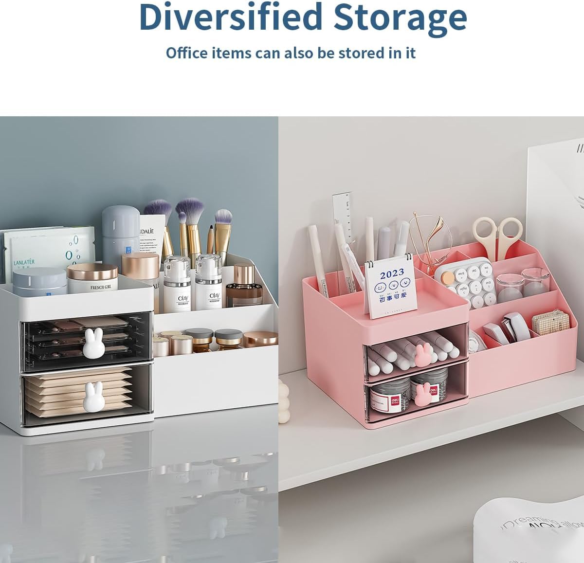 House of Quirk Cosmetics Desk Organiser With Drawer, Multifunctional Desk Organizer, Office Organizer, 4 Plastic Compartments With Drawer, Storage Shelf For Office, School (White)