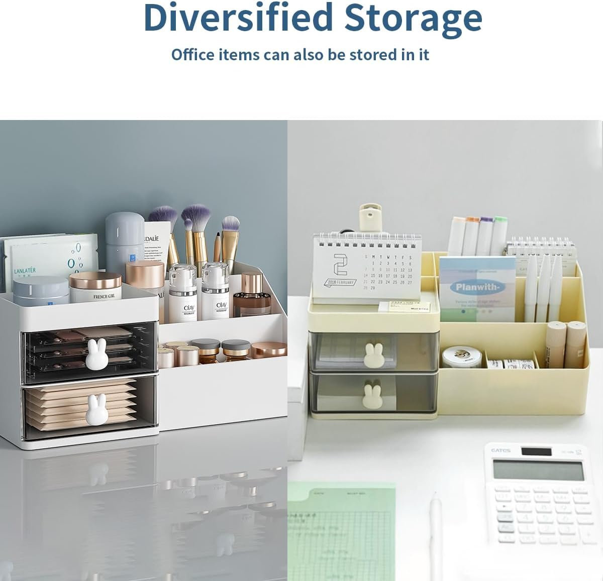 House of Quirk Cosmetics Desk Organiser With Drawer, Multifunctional Desk Organizer, Office Organizer, 4 Plastic Compartments With Drawer, Storage Shelf For Office, School (White)