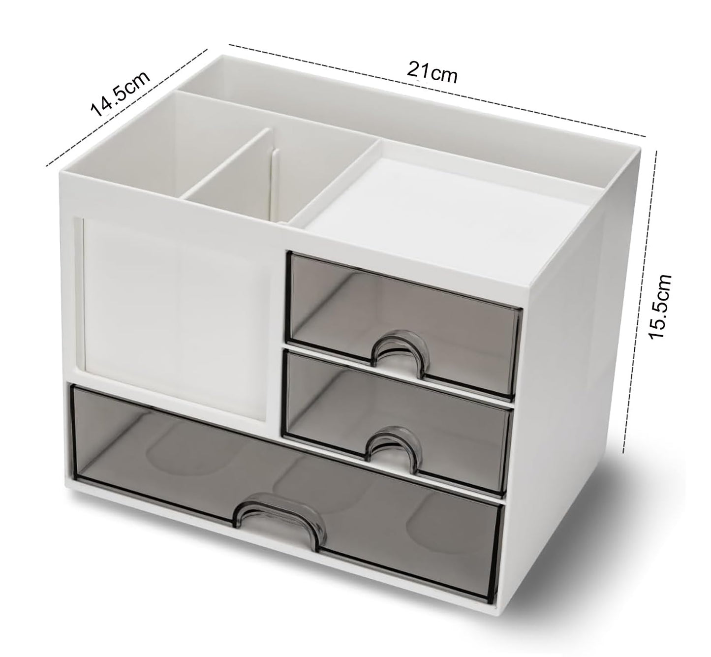 House of Quirk Cosmetics Desk Organiser With Drawer, Multifunctional Desk Organizer, Office Organizer, 4 Plastic Compartments With Drawer, Storage Shelf For Office, School (White)