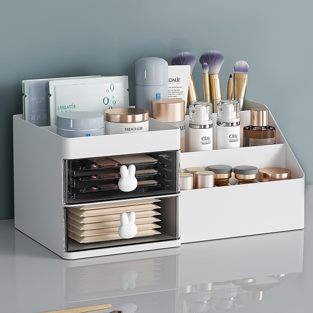House of Quirk Cosmetics Desk Organiser With Drawer, Multifunctional Desk Organizer, Office Organizer, 4 Plastic Compartments With Drawer, Storage Shelf For Office, School (White)