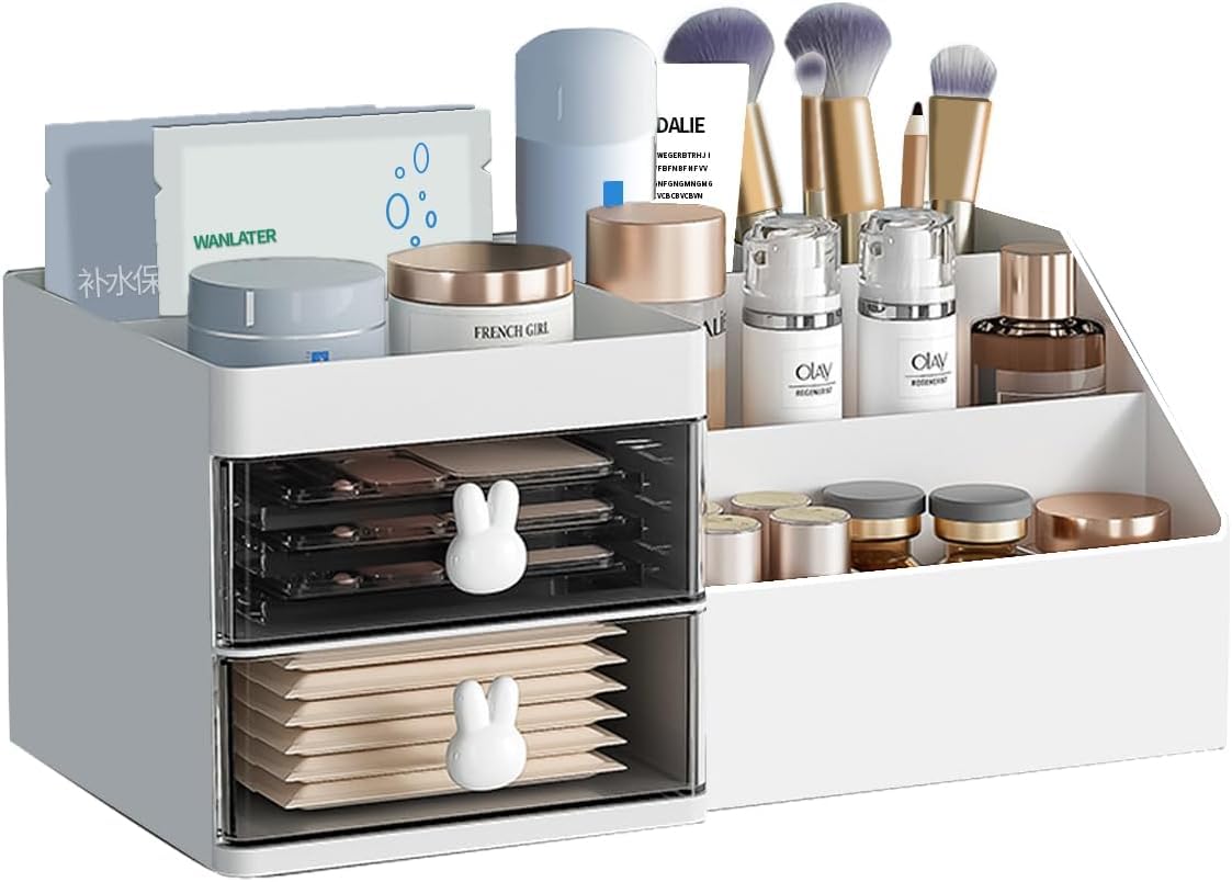 House of Quirk Cosmetics Desk Organiser With Drawer, Multifunctional Desk Organizer, Office Organizer, 4 Plastic Compartments With Drawer, Storage Shelf For Office, School (White)