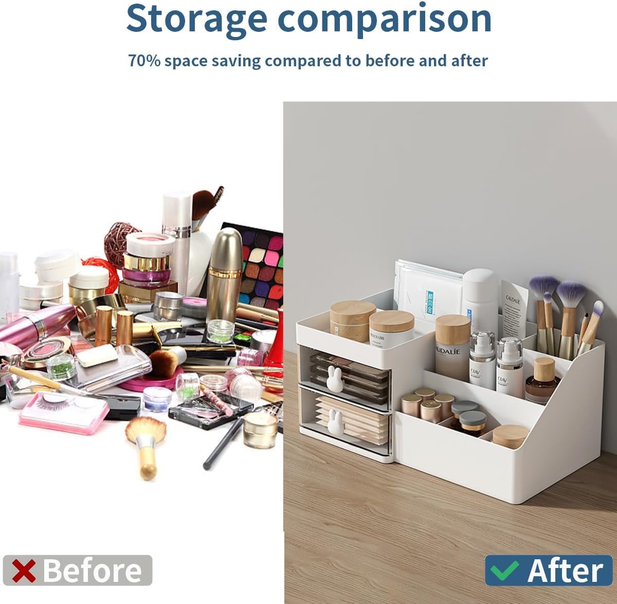 House of Quirk Cosmetics Desk Organiser With Drawer, Multifunctional Desk Organizer, Office Organizer, 4 Plastic Compartments With Drawer, Storage Shelf For Office, School (White)