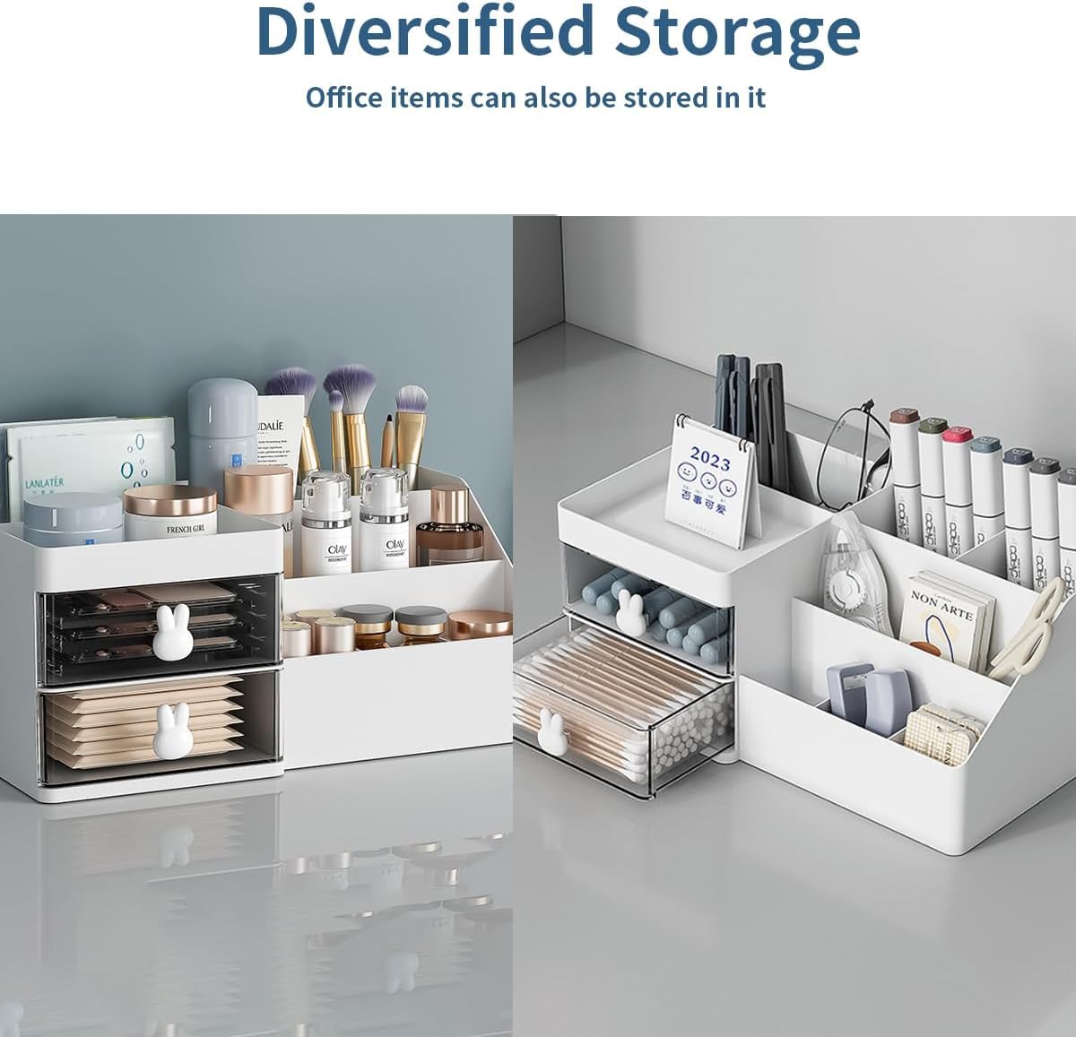 House of Quirk Cosmetics Desk Organiser With Drawer, Multifunctional Desk Organizer, Office Organizer, 4 Plastic Compartments With Drawer, Storage Shelf For Office, School (White)