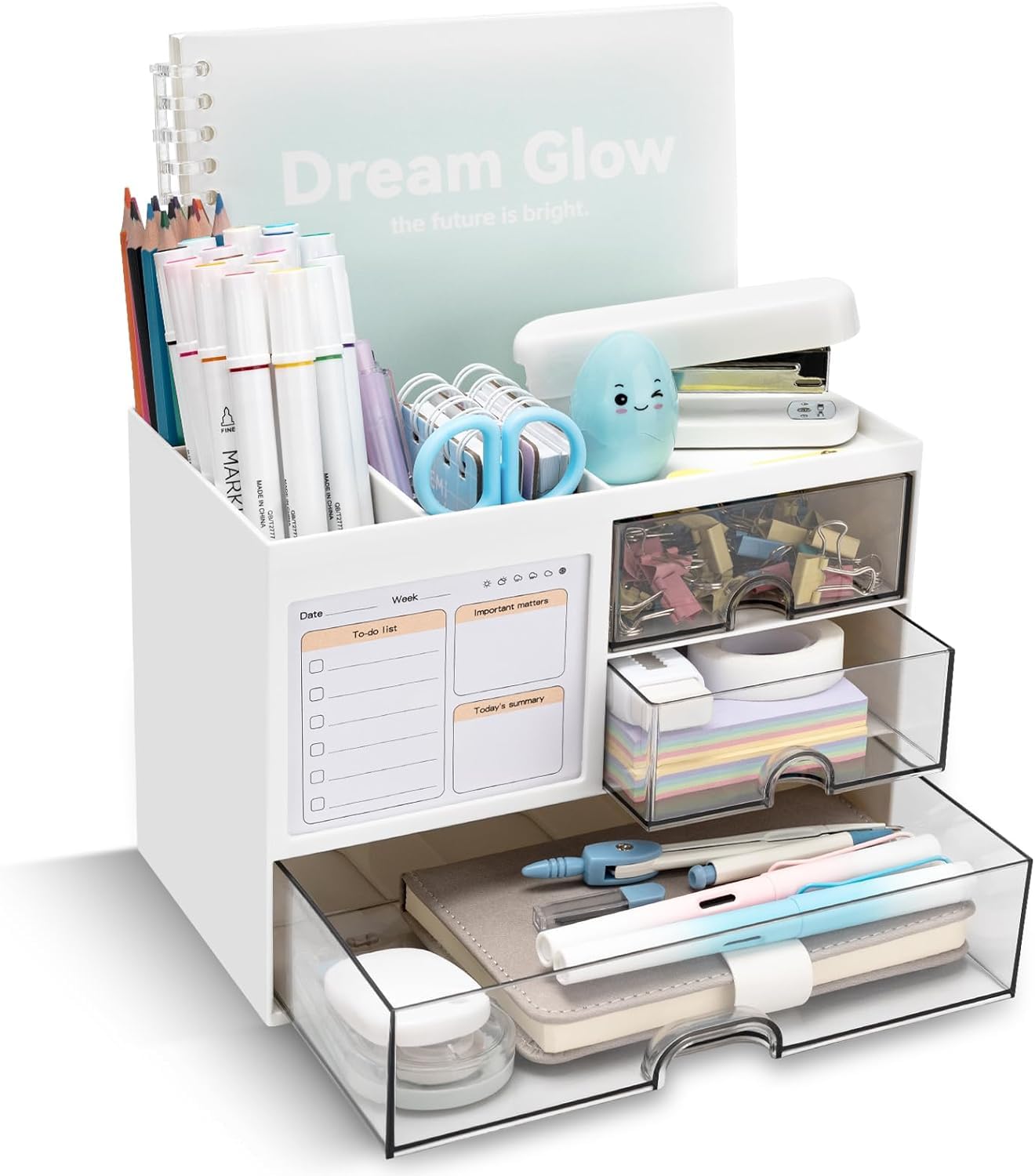 House of Quirk Cosmetics Desk Organiser With Drawer, Multifunctional Desk Organizer, Office Organizer, 4 Plastic Compartments With Drawer, Storage Shelf For Office, School (White)