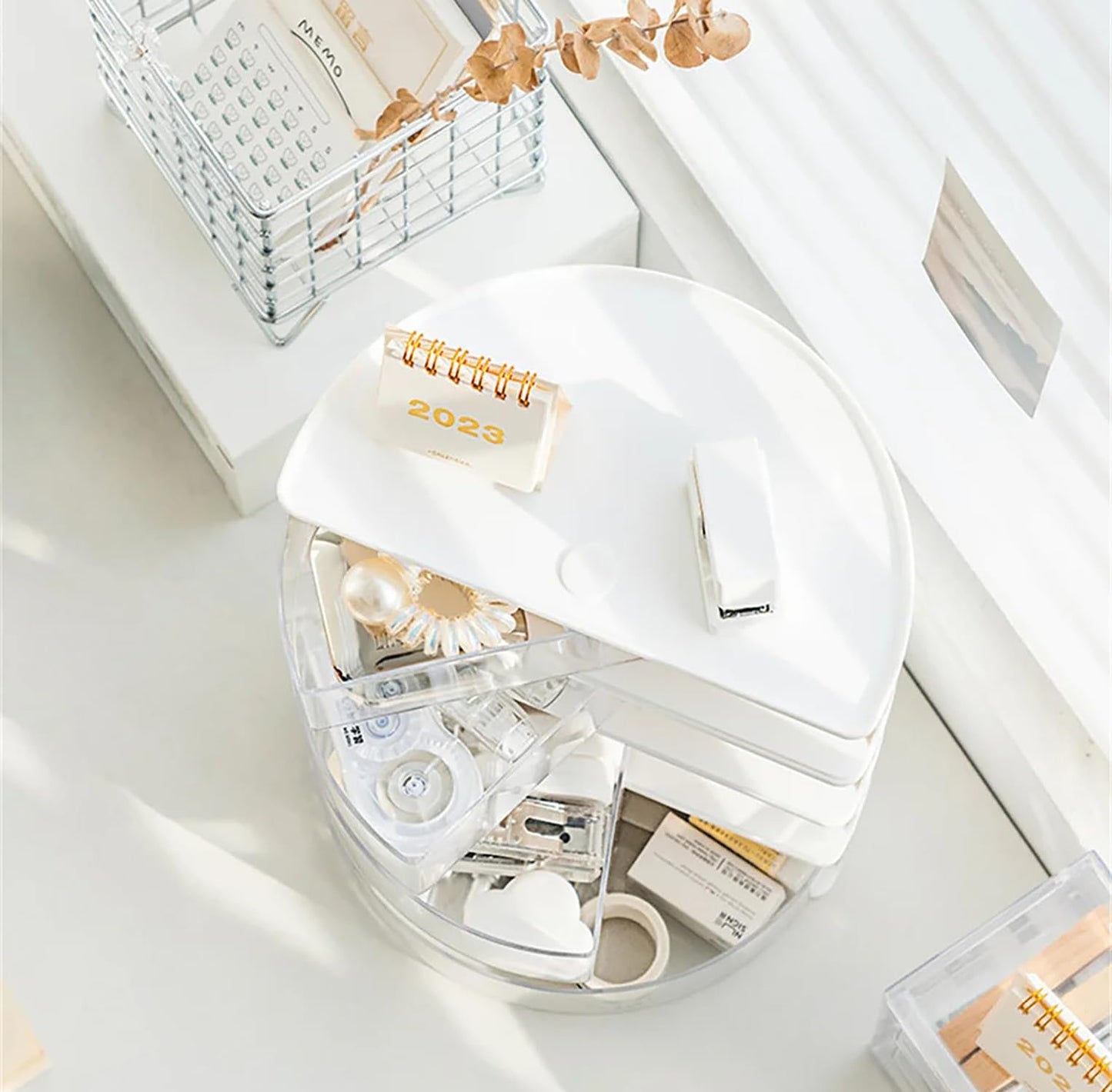 House of Quirk Cosmetics Desk Organiser With Drawer, Multifunctional Desk Organizer, Office Organizer, 4 Plastic Compartments With Drawer, Storage Shelf For Office, School (White)