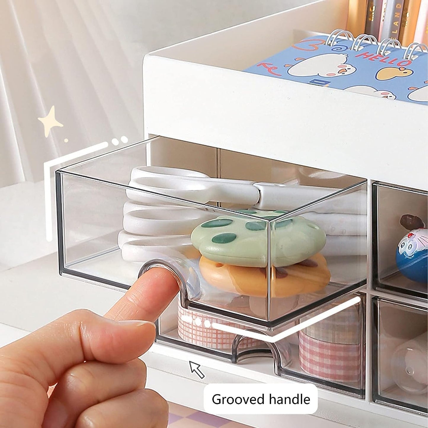 House of Quirk Cosmetics Desk Organiser With Drawer, Multifunctional Desk Organizer, Office Organizer, 4 Plastic Compartments With Drawer, Storage Shelf For Office, School (White)