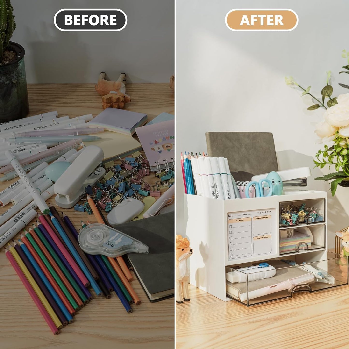 House of Quirk Cosmetics Desk Organiser With Drawer, Multifunctional Desk Organizer, Office Organizer, 4 Plastic Compartments With Drawer, Storage Shelf For Office, School (White)