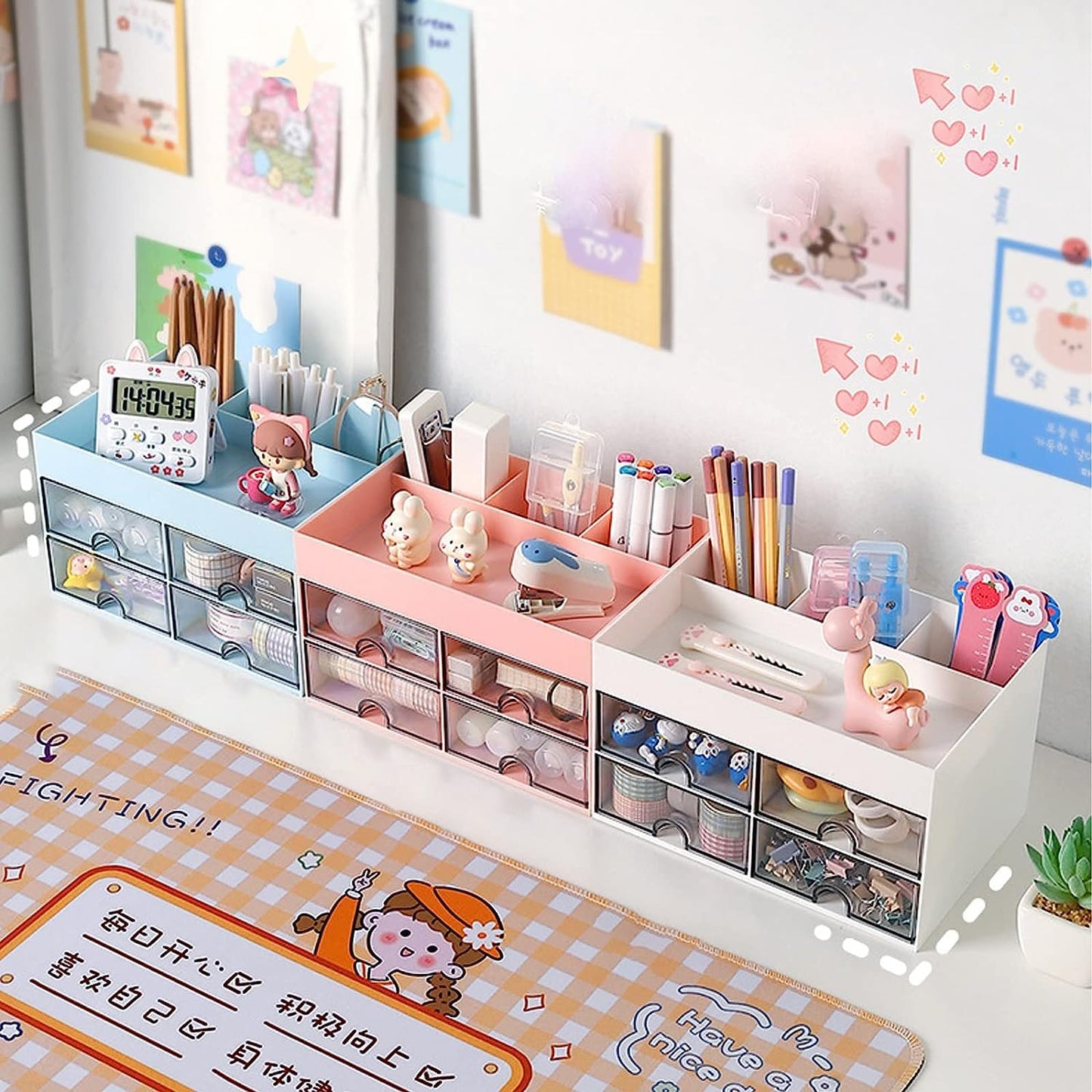 House of Quirk Cosmetics Desk Organiser With Drawer, Multifunctional Desk Organizer, Office Organizer, 4 Plastic Compartments With Drawer, Storage Shelf For Office, School (White)