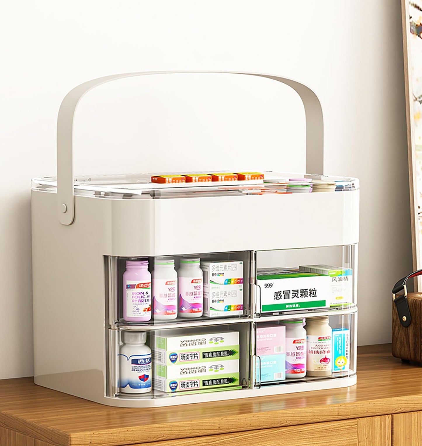 House of Quirk Cosmetics Desk Organiser With Drawer, Multifunctional Desk Organizer, Office Organizer, 4 Plastic Compartments With Drawer, Storage Shelf For Office, School (White)