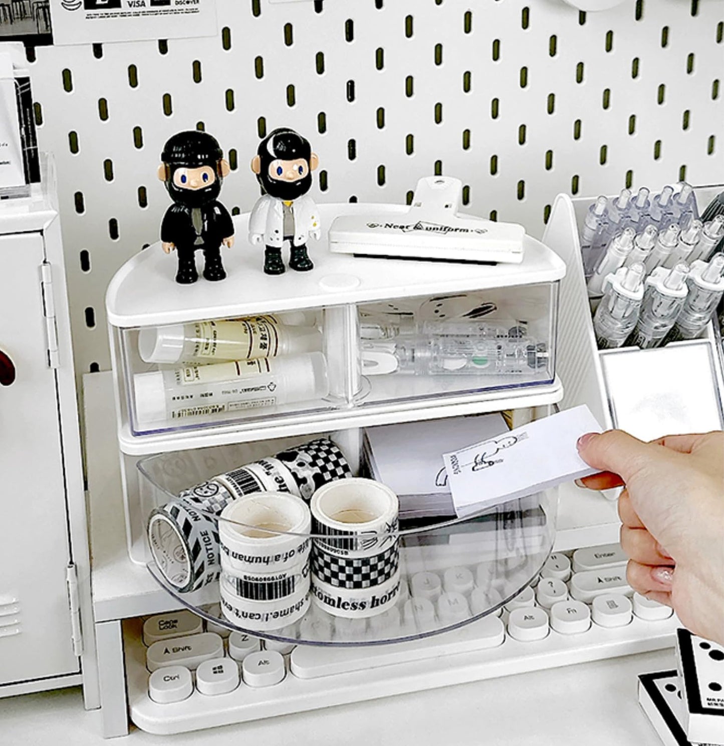 House of Quirk Cosmetics Desk Organiser With Drawer, Multifunctional Desk Organizer, Office Organizer, 4 Plastic Compartments With Drawer, Storage Shelf For Office, School (White)