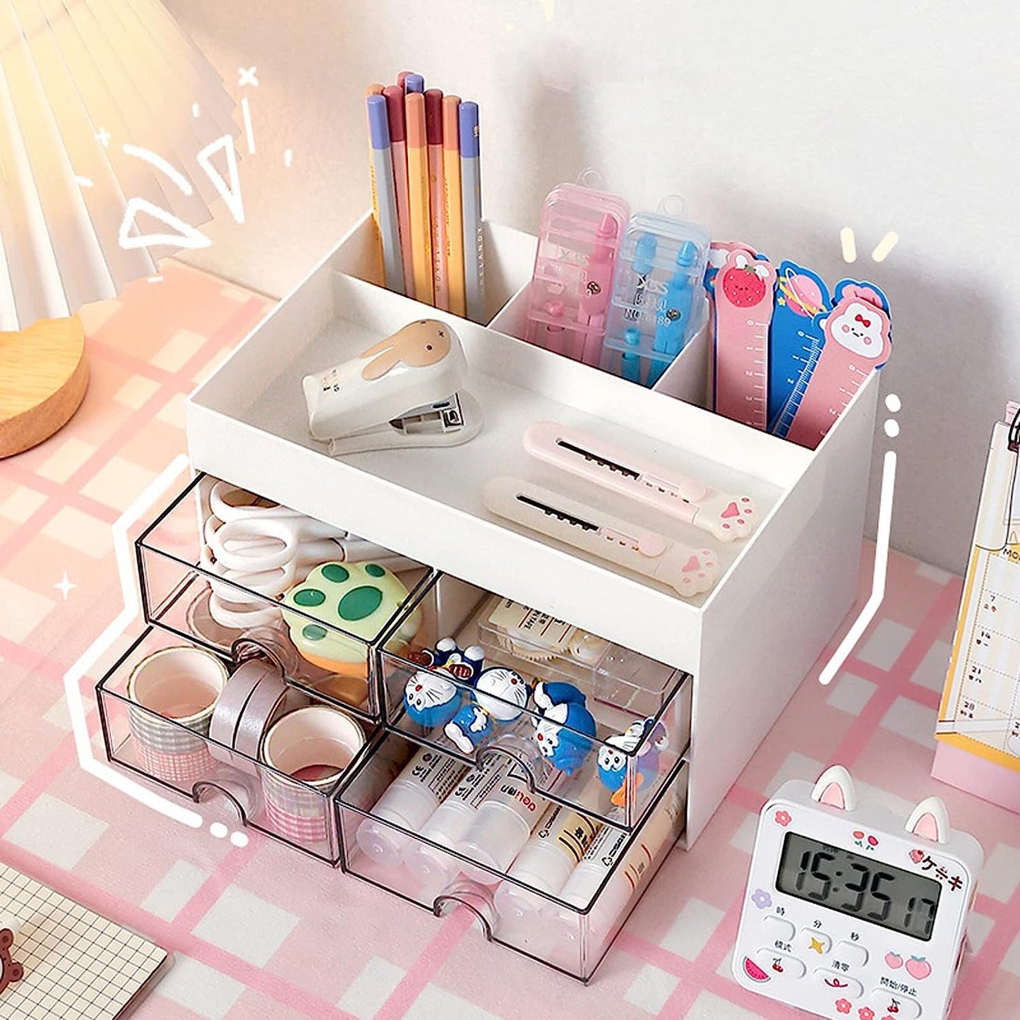 House of Quirk Cosmetics Desk Organiser With Drawer, Multifunctional Desk Organizer, Office Organizer, 4 Plastic Compartments With Drawer, Storage Shelf For Office, School (White)