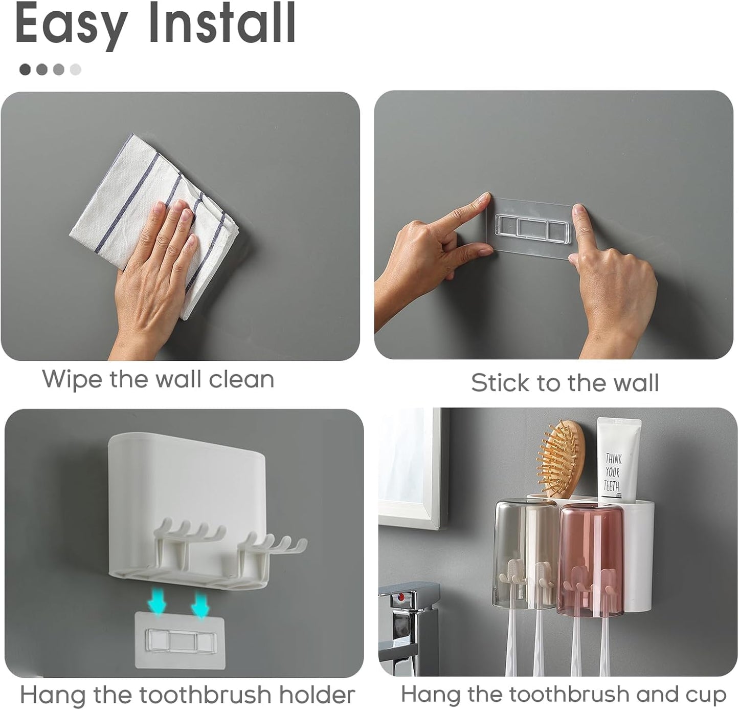 Toothbrush Holder with Adhesive, No-Drill Multi-Slot Organizer for Bathroom – Holds Toothbrushes, Toothpaste, Razor & Cup | Modern Plastic Storage Rack (2 Cup)