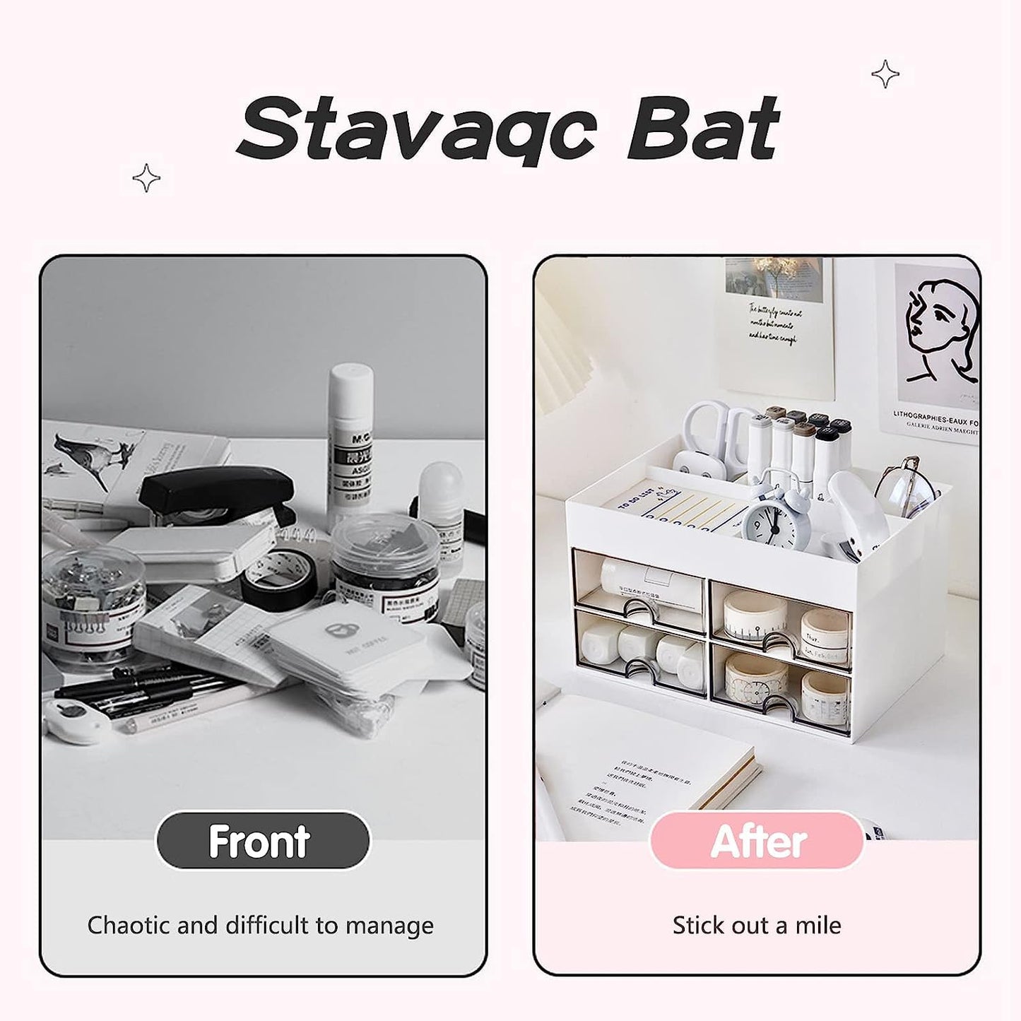 House of Quirk Cosmetics Desk Organiser With Drawer, Multifunctional Desk Organizer, Office Organizer, 4 Plastic Compartments With Drawer, Storage Shelf For Office, School (White)